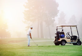 Person golfing with golf cart in picture